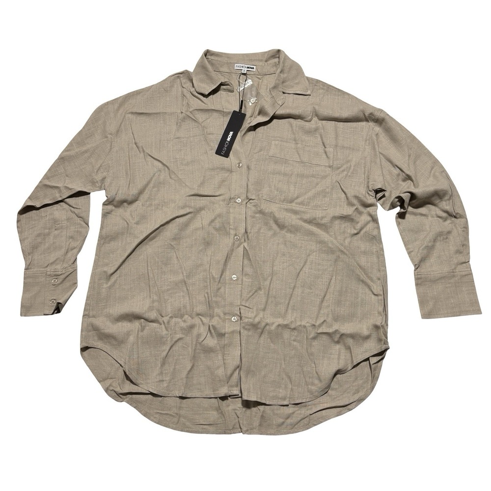 NWT Fashion Nova Women's Long Sleeve Linen Button Down Shirt Beige SM 23 x 31